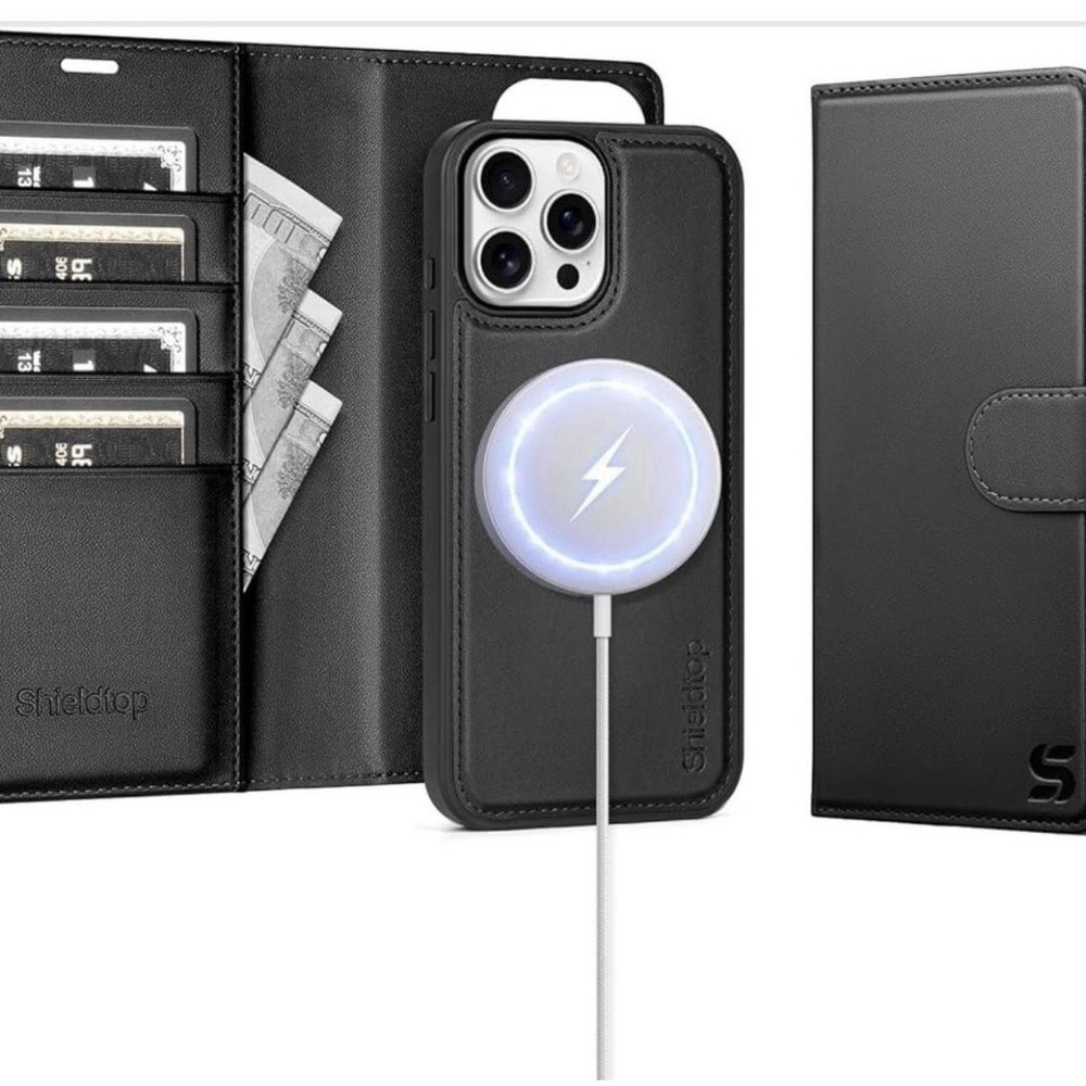 Shieldtop Leather Wallet Case for iPhone 14 Pro Max Black Magnetic Card Pocket - Picture 4 of 8